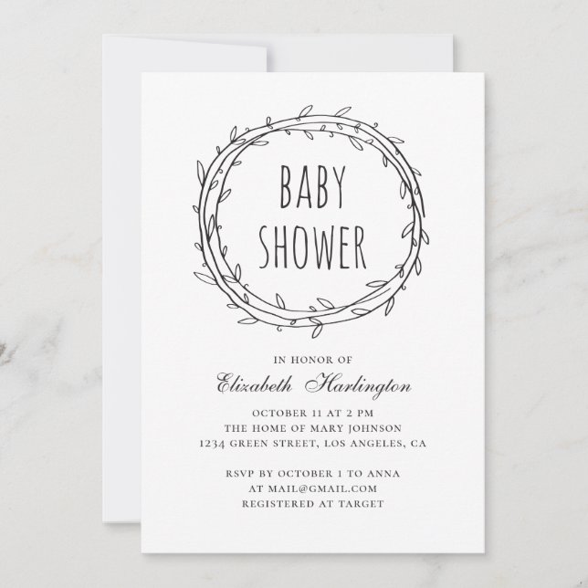 Invitation Baby shower botanique moderne noir et blanc (Devant)