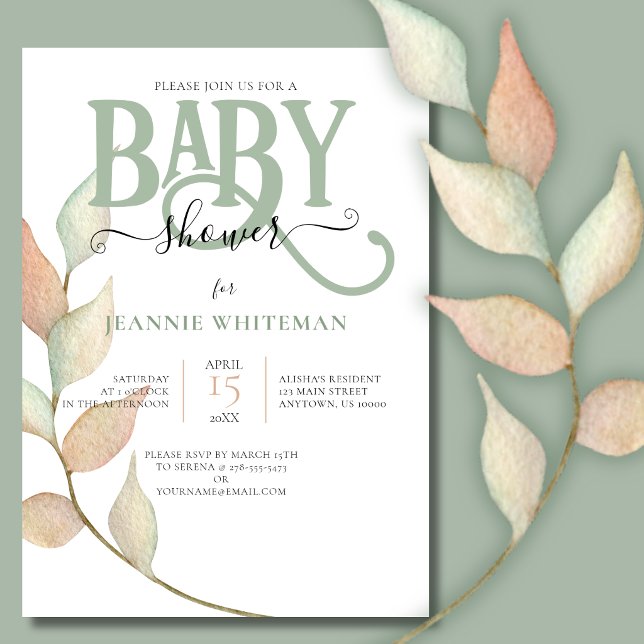 Invitation Baby-Shower Botanique Mousse & Pêche (Gender Neutral Botanical Baby Shower Invitation)