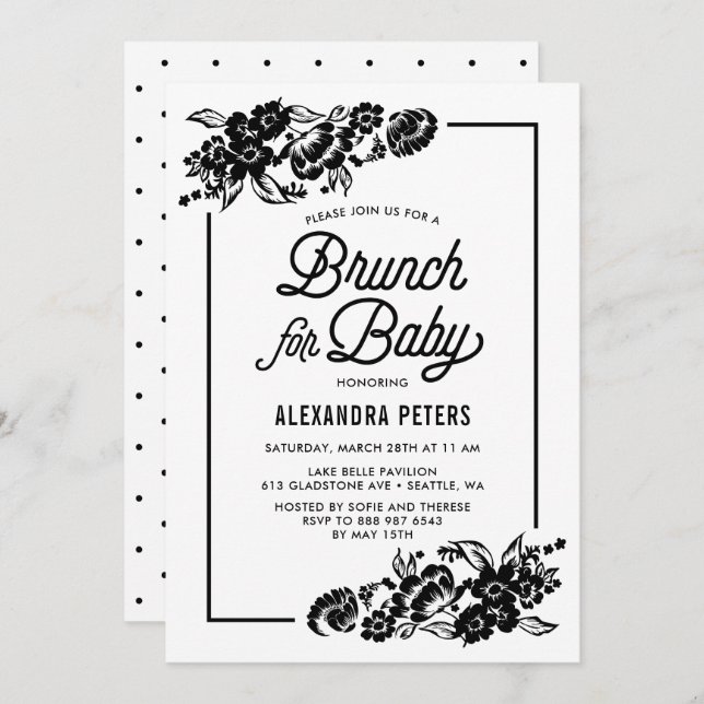 Invitation Baby shower botanique noir moderne Brunch (Devant / Derrière)