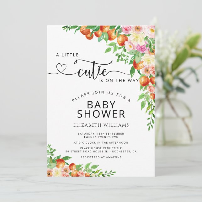 Invitation Baby shower botanique orange de Little Cutie Citru (Debout devant)