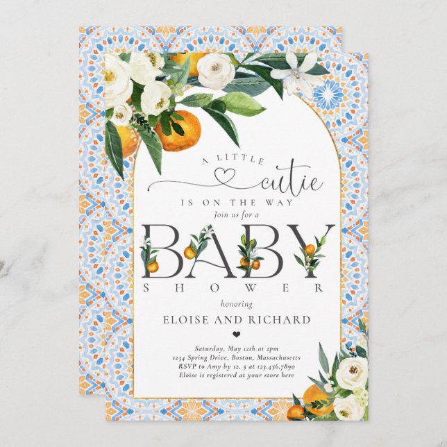 Invitation Baby shower botanique orange de Little Cutie Citru (Devant / Derrière)