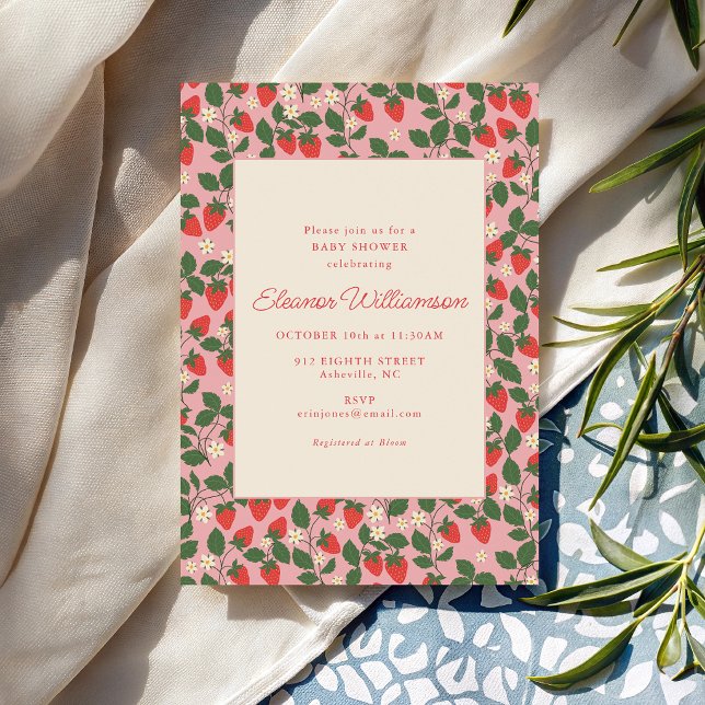 Invitation Baby Shower Botanique Rose Estival Fraise (Créateur téléchargé)