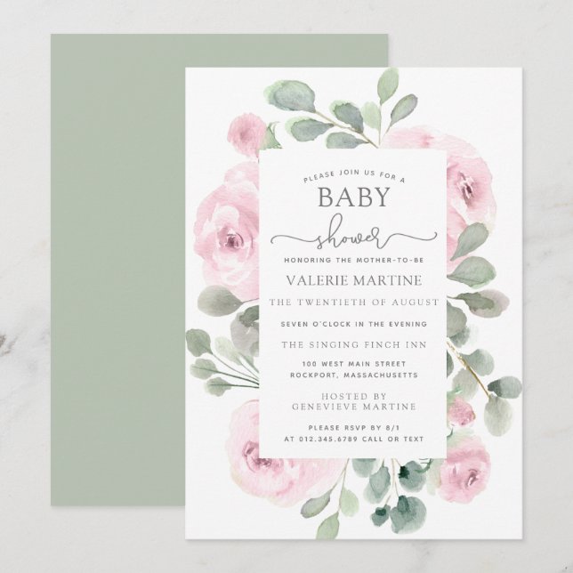 Invitation Baby shower botanique rose Eucalyptus (Devant / Derrière)
