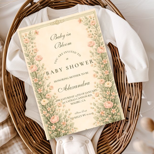 Invitation Baby Shower Botanique Rose Vintage (Créateur téléchargé)