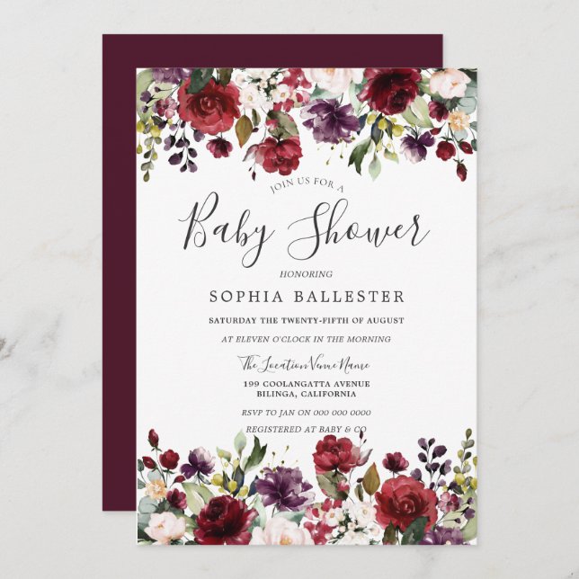 Invitation Baby shower botanique rouge de Bourgogne (Devant / Derrière)