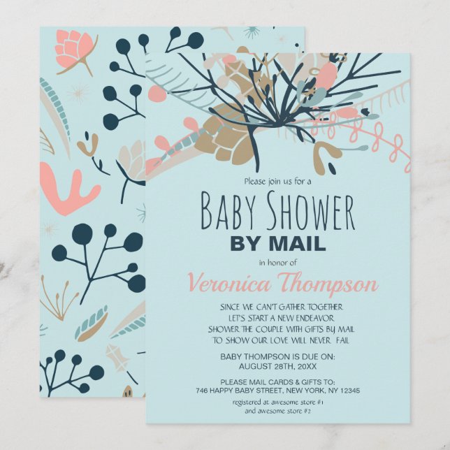 Invitation Baby shower Botanique Rustique Bleu Pastel Par Mai (Devant / Derrière)