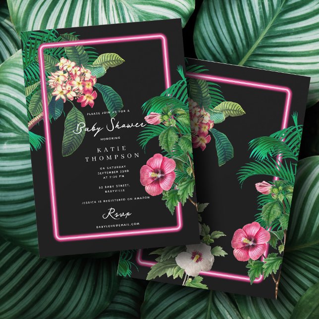 Invitation Baby shower botanique tropicale rose Neon (Neon Pink Tropical Botanicals Baby Shower Invitation)