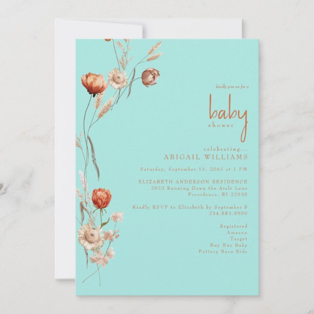 Invitation Baby shower Botanique Turquoise Centré (Devant)