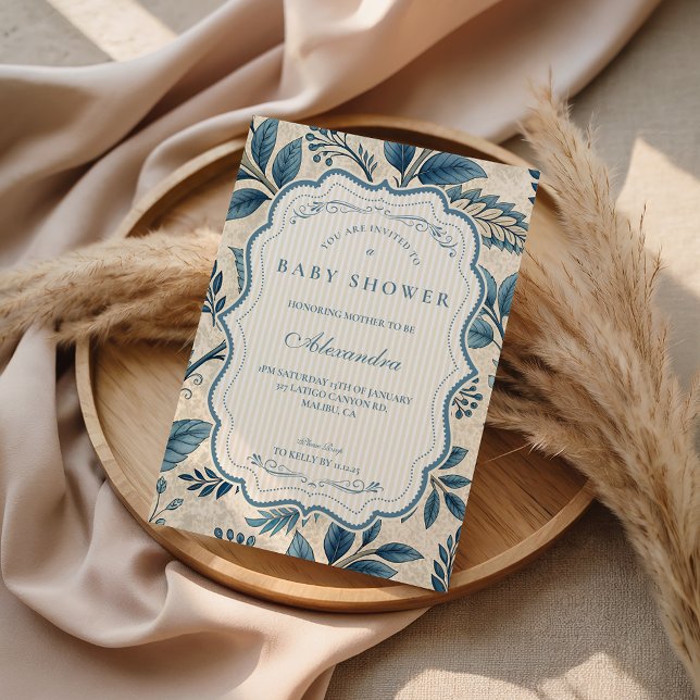 Invitation Baby-Shower Botanique Vintage Bleu (Créateur téléchargé)