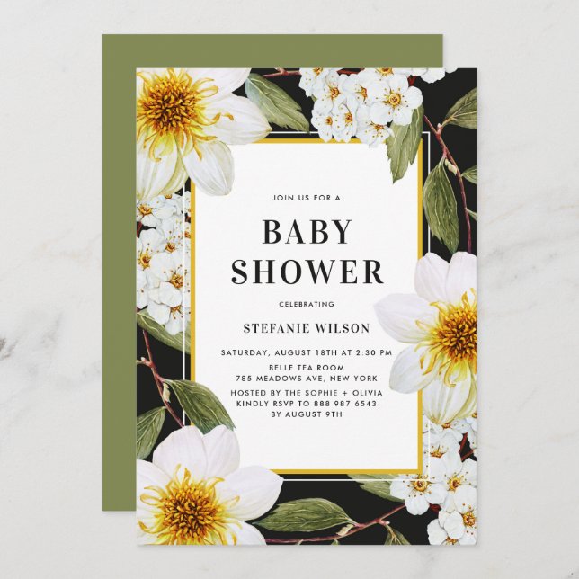 Invitation Baby shower botanique White Dahlia et Spirea (Devant / Derrière)