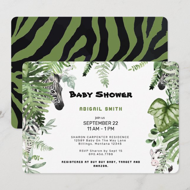 Invitation Baby shower botanique zébrée (Devant / Derrière)