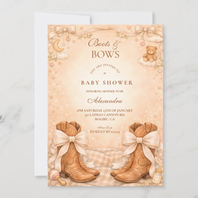 Invitation Baby Shower Bottes et Rubans Gingham (Devant)