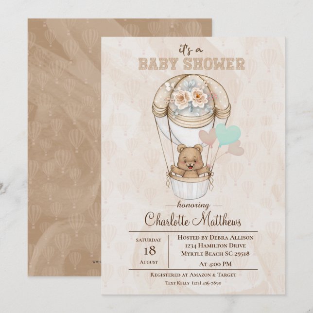 Invitation Baby shower Boulon Beige Bear Hot Air (Devant / Derrière)