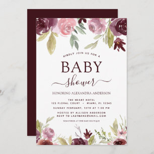 Invitation Baby shower Bourgogne Elégante Aquarelle Florale