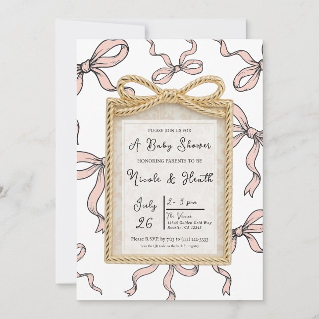Invitation Baby shower Bow Bow Gold Bow Frame Rose Ribbon (Devant)