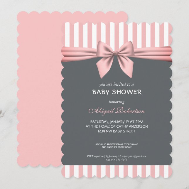 Invitation Baby shower Bow en Gris et rose vif Invita (Devant / Derrière)