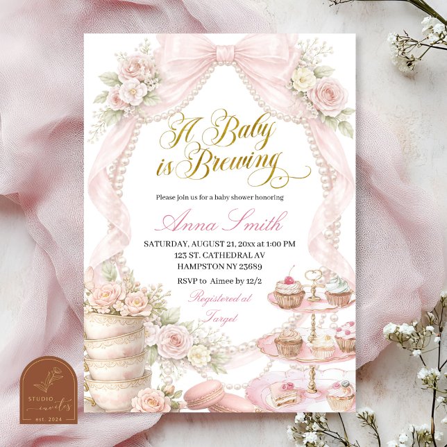 Invitation Baby Shower Bow et Perle Tea (Créateur téléchargé)