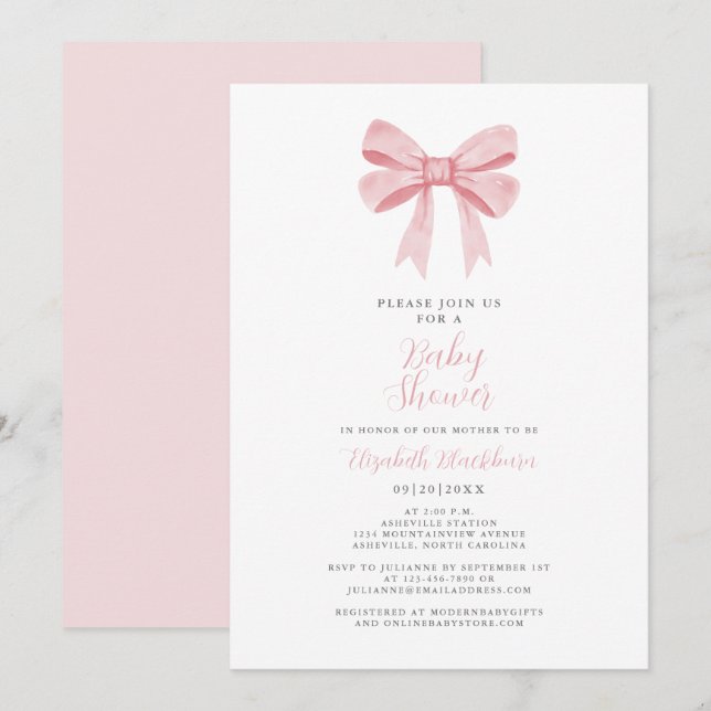 Invitation Baby shower Bow rose Coquette Girly Elegant Pastel (Devant / Derrière)