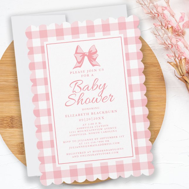 Invitation Baby shower Bow rose En vichy Pastel Girly Élégant (Pink Bow Baby Shower Gingham Check Girly Elegant Invitation)