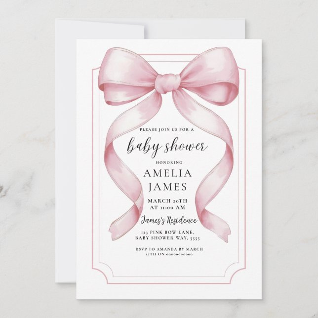 Invitation Baby shower Bow rose pâle Invitable (Devant)