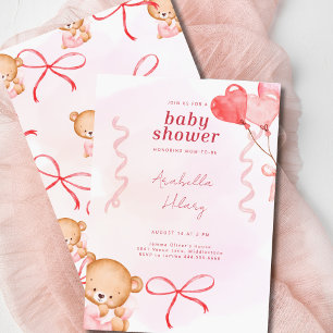 Invitation Baby shower Bows & Ballons d'ours rose mignon