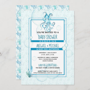Invitation Baby shower #Boy Blue & Turquoise Watercolor #Octo