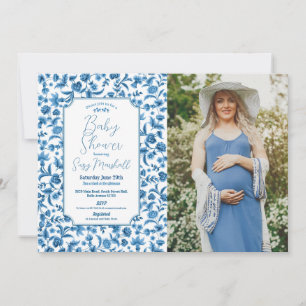 Invitation Baby shower Boy Chintz Blue photo Floral Ditsy