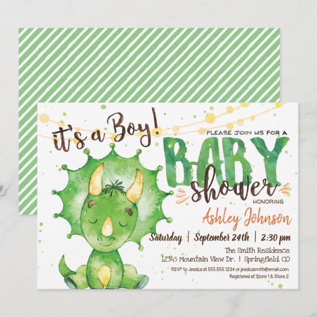 Invitation Baby shower Boy Dinosuar (Devant / Derrière)