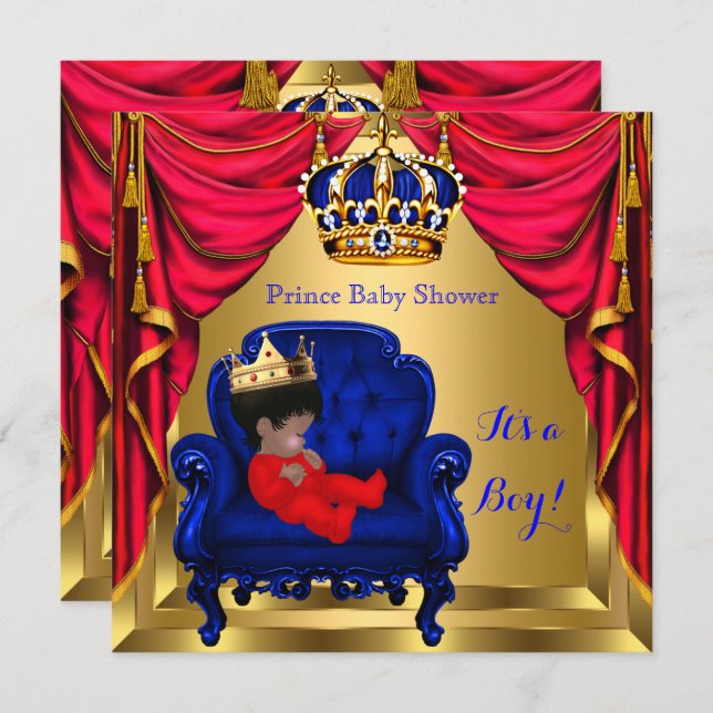 Invitation Baby shower Boy Little Prince Blue Red Gold Ethnic (Devant / Derrière)