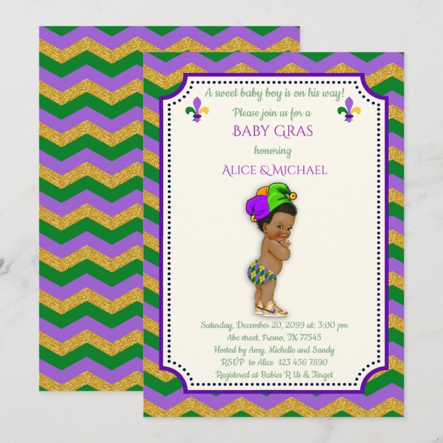 Invitation Baby shower Boy, Mardi Gras Boy, or, chevron (Devant / Derrière)