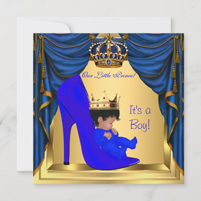 Invitation Baby shower Boy Prince Royal Blue Shoe Gold (Devant)