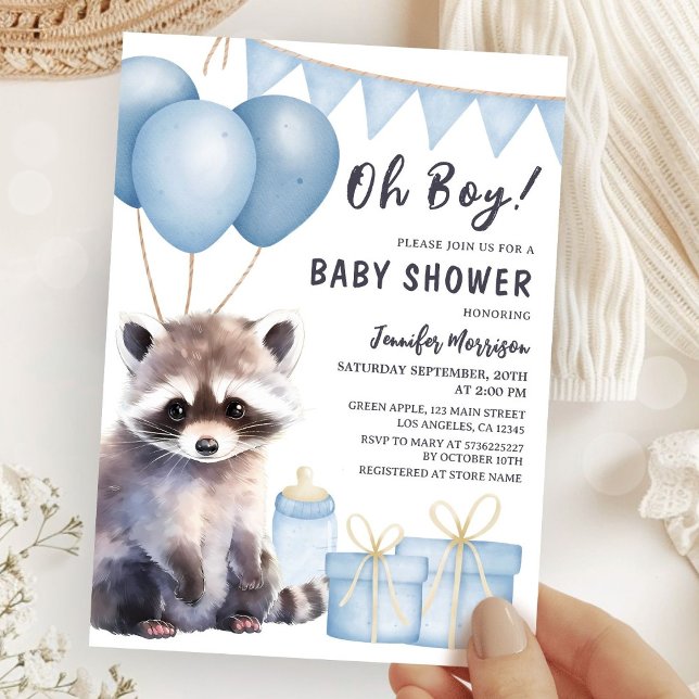 Invitation Baby shower Boy Raccoon Boy Blue Balloons (Créateur téléchargé)