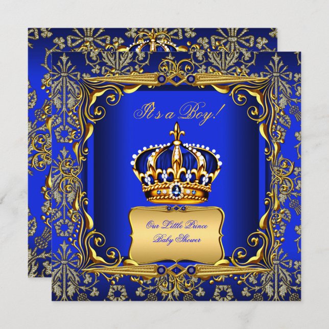 Invitation Baby shower Boy Royal Blue Damask Gold Crown (Devant / Derrière)