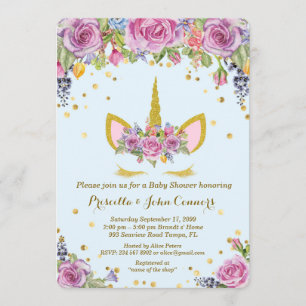 Invitation Baby shower Boy Unicorm invitation, fleurs, bleu