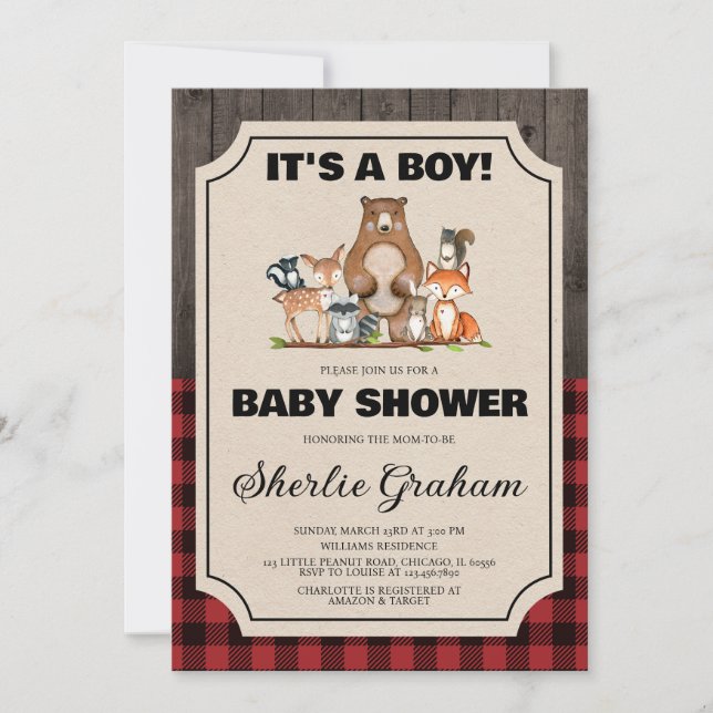 Invitation Baby shower Boy Woodland Lumberjack (Devant)