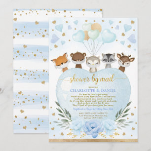 Invitation Baby shower Boy Woodland Par Mail Blue Gold Hearts