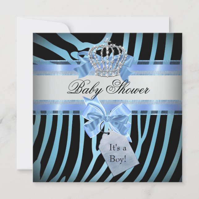 Invitation Baby shower Boy Zebra Blue Prince Crown Black (Devant)