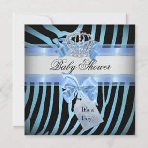 Invitation Baby shower Boy Zebra Blue Prince Crown Black