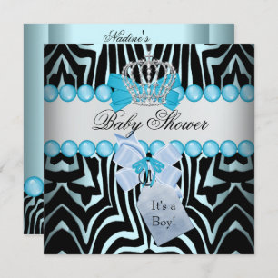 Invitation Baby shower Boy Zebra Blue Prince Crown Black