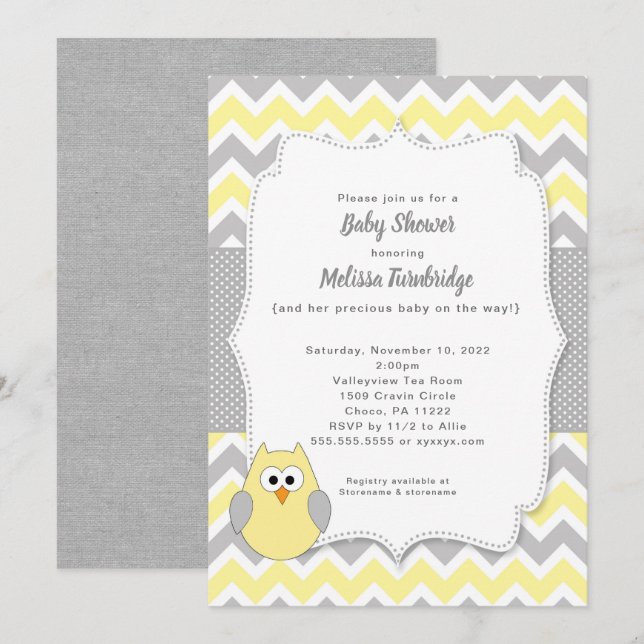 Invitation Baby shower branché de fille de hibou jaune et gri (Devant / Derrière)