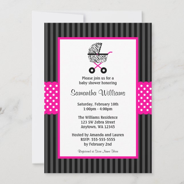 Invitation Baby shower branché de transport Zebra Hot Pink (Devant)