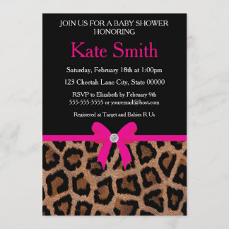Invitation Baby shower branché Hot Pink et Black Leopard Bow