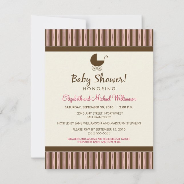 Invitation Baby shower branchée Stripes (rose/marr (Devant)
