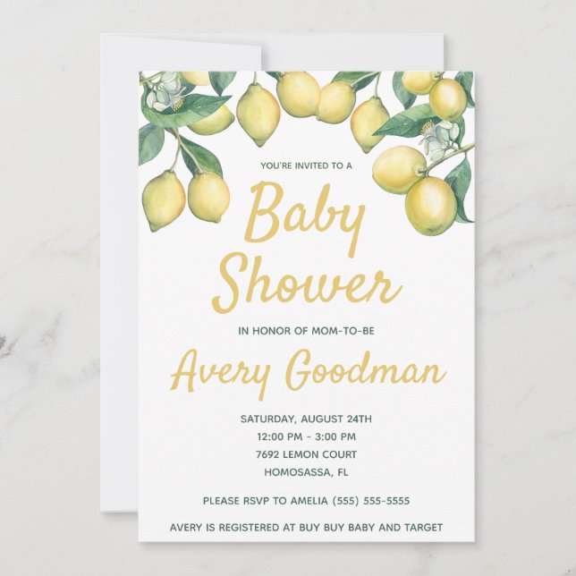Invitation Baby shower Branches de citron (Devant)