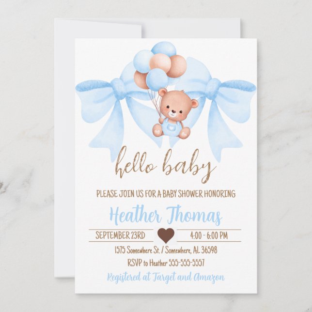 Invitation Baby shower Brown Bear Blue Bow (Devant)
