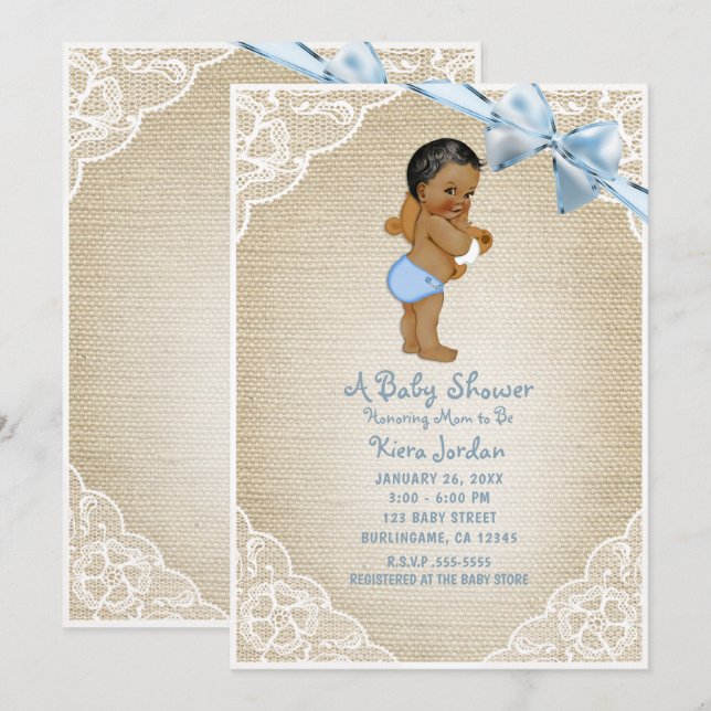 Invitation Baby shower Brown bébé bébé garçon ours et bleu ga (Devant / Derrière)