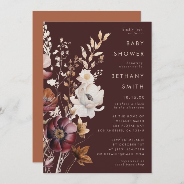 Invitation Baby shower Brown Fleur sauvage Boho Fall (Devant / Derrière)
