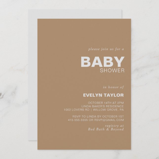 Invitation Baby shower Brown minimaliste élégant (Devant / Derrière)