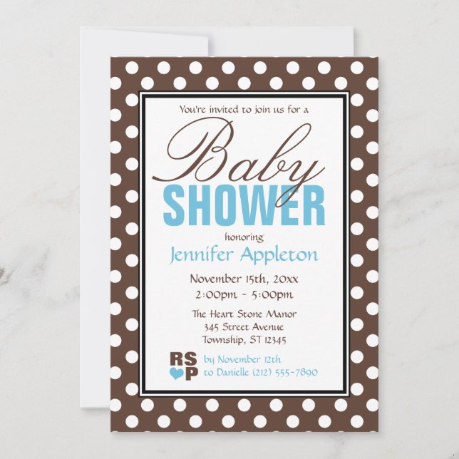 Invitation Baby shower Brown Polka Dot Blue Chevron (Devant)