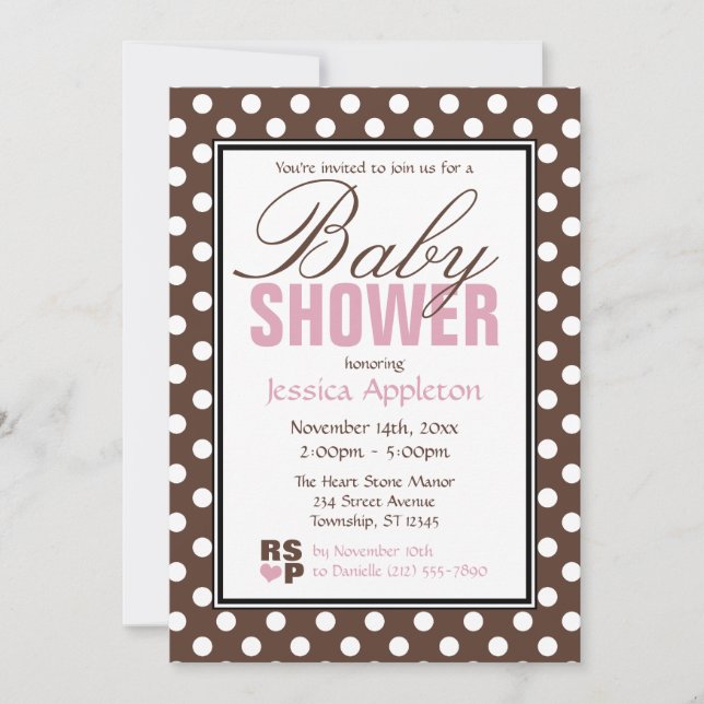 Invitation Baby shower Brown Polka Dot Rose Chevron (Devant)
